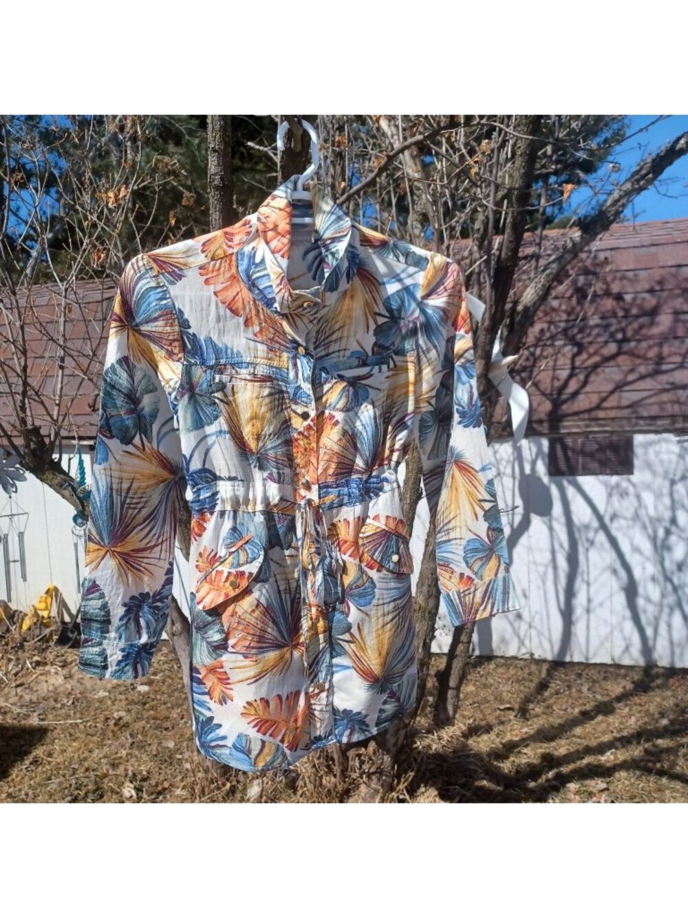 Chico Tunic Top Shirt Jacket Tropical Drawstring Waist Long Sleeve Snap Womens L